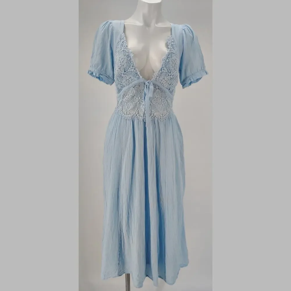 Free People All You Need Is Lace Midi Dress Blue Lace Cottagecore Size Small